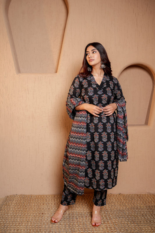 Royal Ebony Black Printed Suit For Women