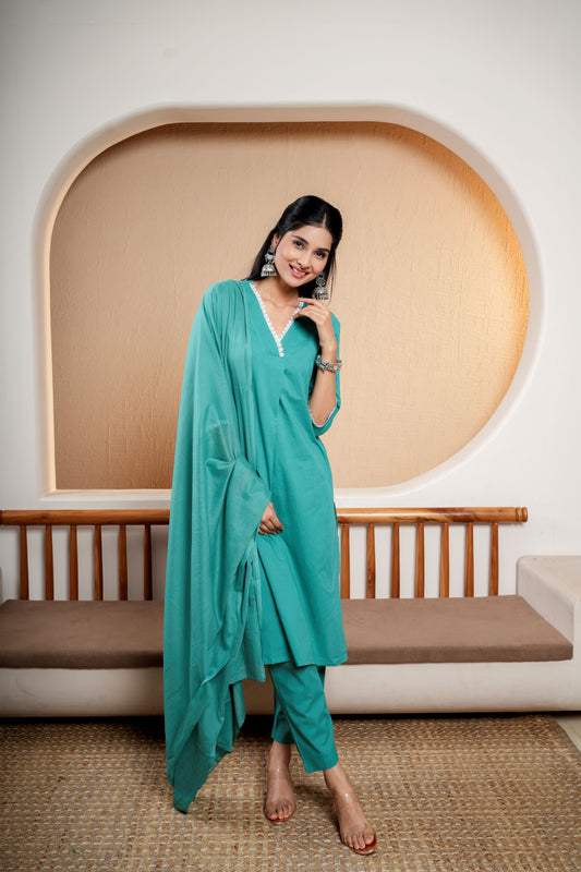 Serene Olive plain dupatta set for women